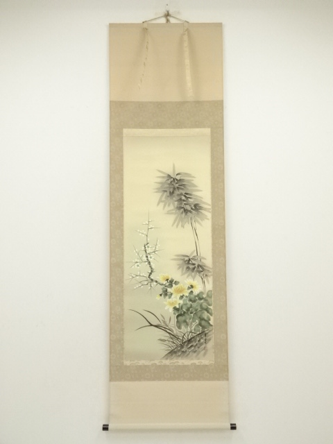 JAPANESE WALL HANGING SCROLL / HAND PAINTED / FOUR PLANTS / ARTIST WORK 